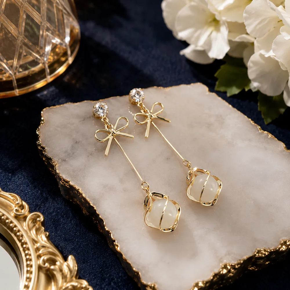 Derben Clove Silver Needle Korean Bow Opal Stone Earrings for Girls