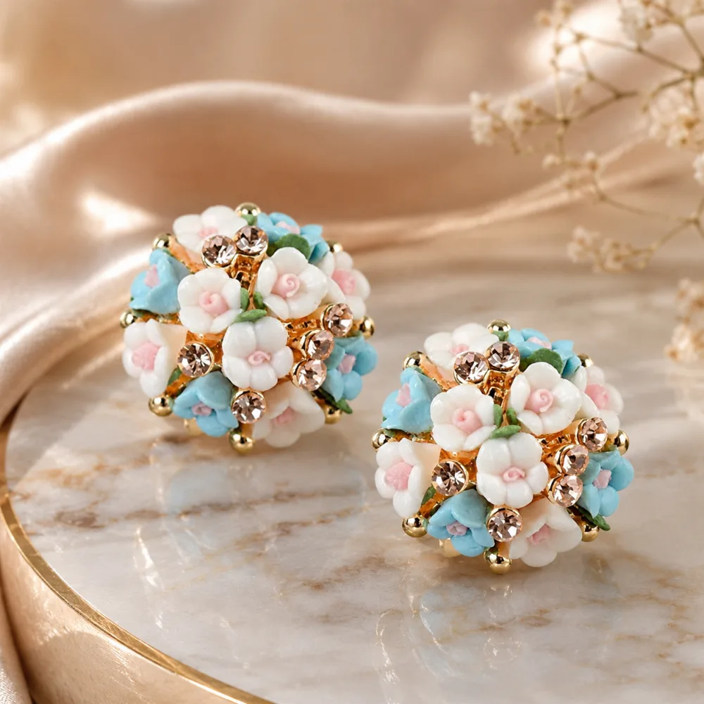 Cubic Zirconia Ceramic Floral Alloy Korean Earrings for Girls