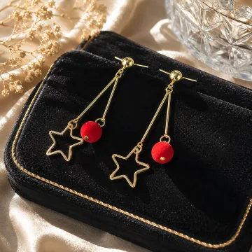 Exclusive Star Tassel and Red Ball Hanging Earring Golden Red For Girl