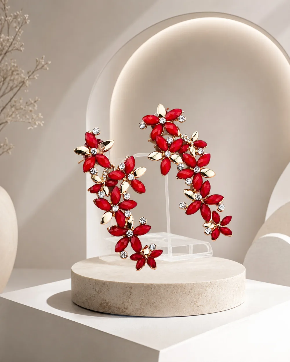 Beautiful Italian Long Red Golden Crystal Stone Zircons Flower Earring