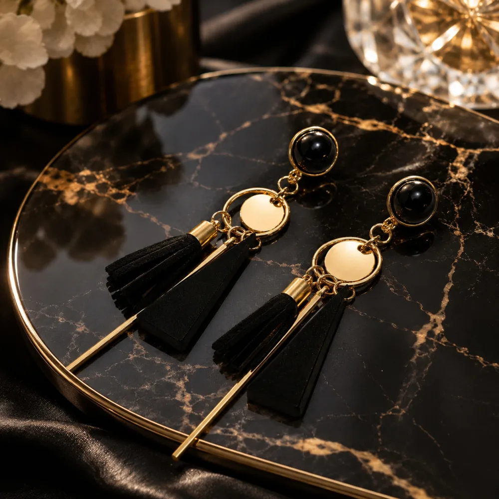 Derben Clove Black Tassel Geometric Drop Earrings for Women