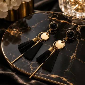 Derben Clove Black Tassel Geometric Drop Earrings for Women