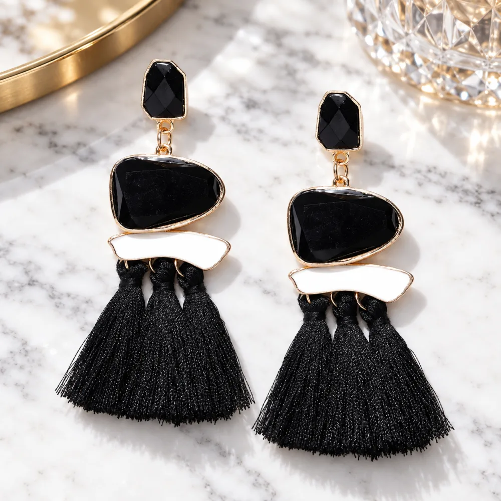 Exclusive 18k Fusion Collection Copper Agate Tassel Earrings Black
