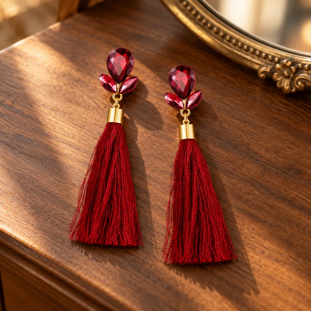 Beautiful Italian Long Brass silk Thread Tassel Flowers Earrings