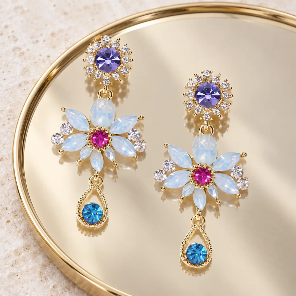 Beautiful Korean Crystal Shiny Glossy Flower Drop Earrings Multicolour