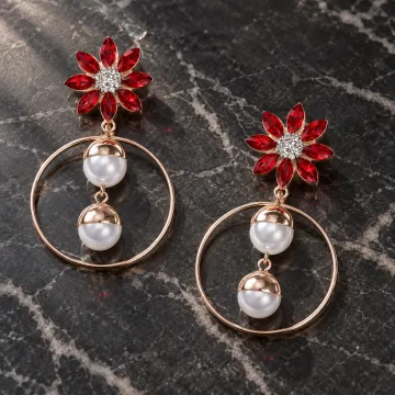 Beautiful Floral Pattern Hoop Earrings with White Pearl Hangings Red