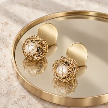 Beautiful Golden Brass and Pearl net ball Drop Earring For Girls