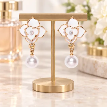 Scintillating Korean Floral Earring with Pearl Hanging for Girls White
