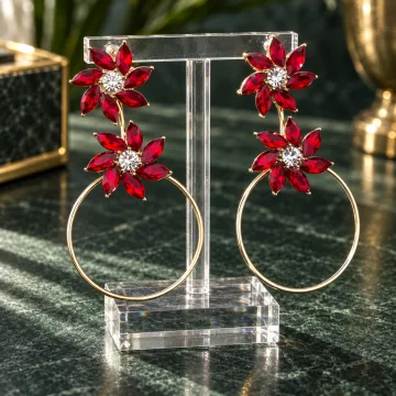 Red Floral Crystal Drop Hoop Earrings for Women & Girls