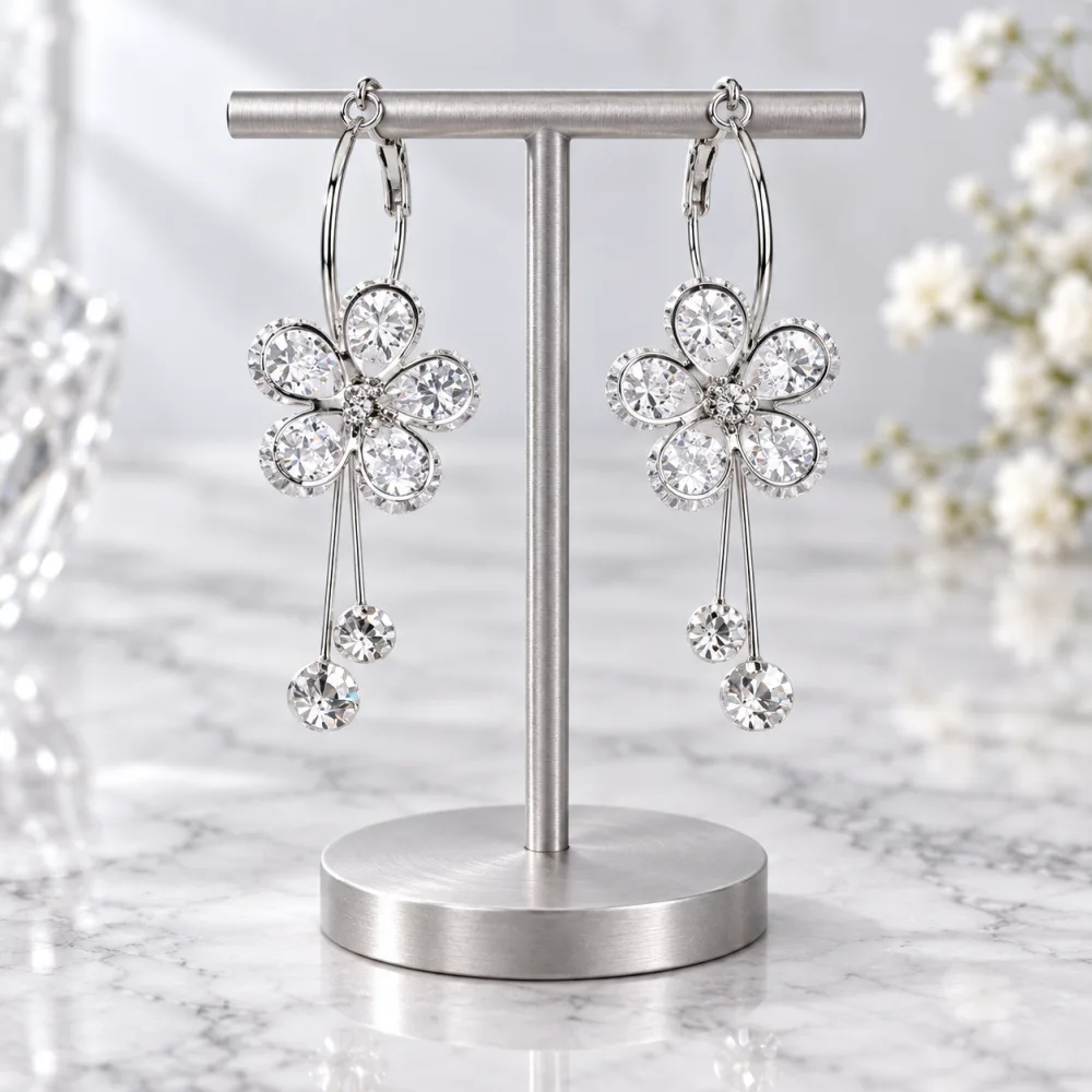 Shining Crystal Korean Sparkling Flower Hoop Earrings for Girls White