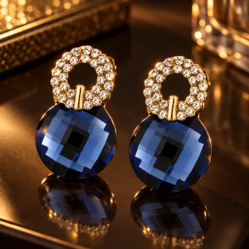 Gold-Tone Crystal Halo Navy Blue Drop Earrings for Women & Girls