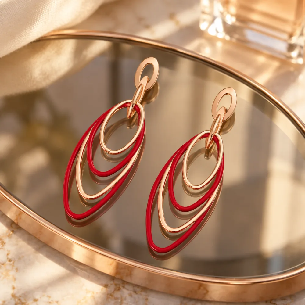 Shiny Korean Gold and Red Oval Hoops Hanging Earrings Red Golden