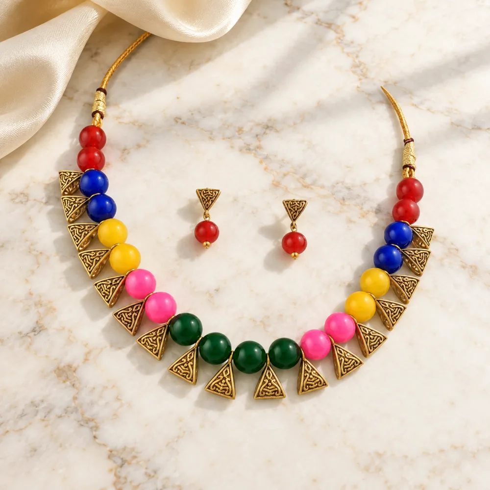 Beautiful Beaded Exclusive Brass Necklace Set for Women Multicolor