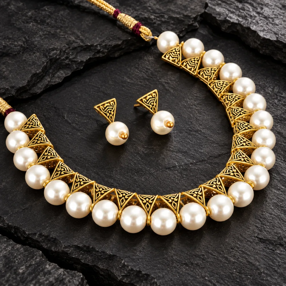 Beautiful Beaded Brass Artificial Necklace set White