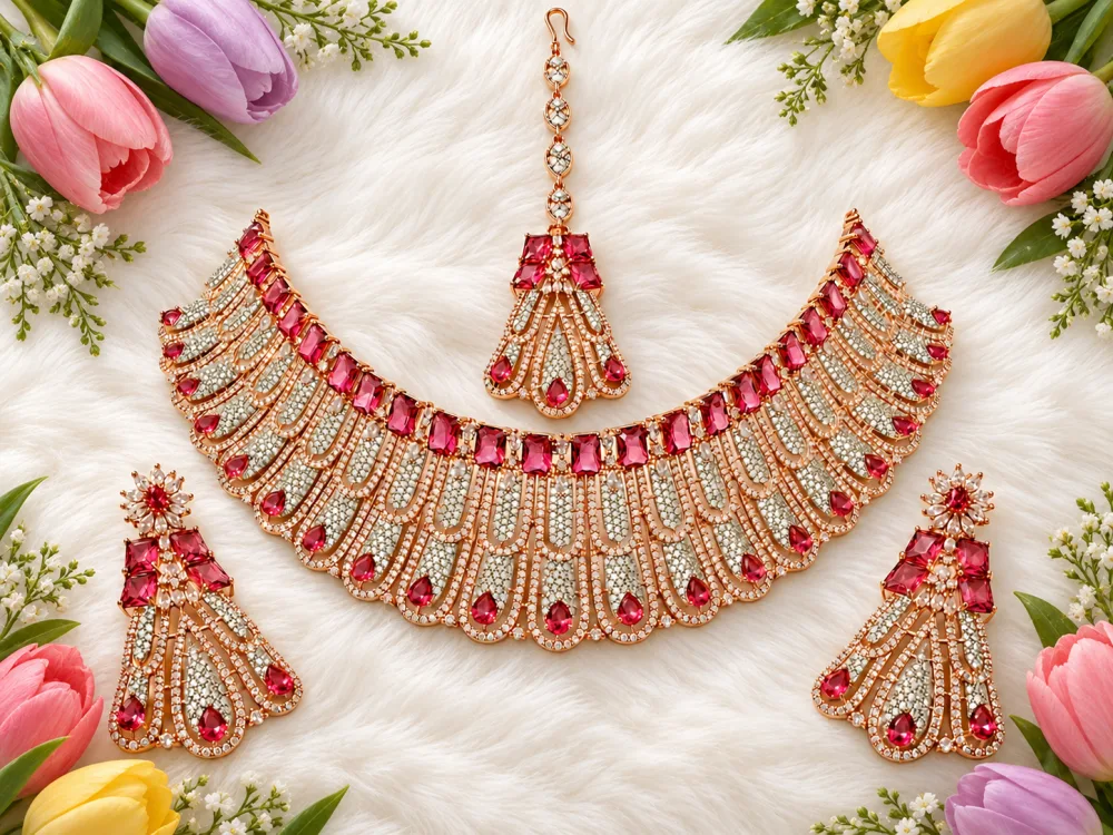 Rose Gold Tone Bridal Necklace Set with Earrings & Maang Tikka