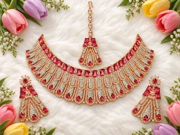 Rose Gold Tone Bridal Necklace Set with Earrings & Maang Tikka