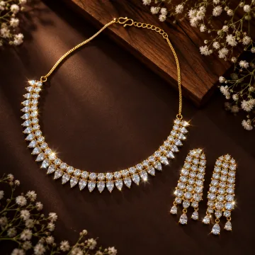 Gold Tone Teardrop Crystal Necklace Set with Matching Earrings