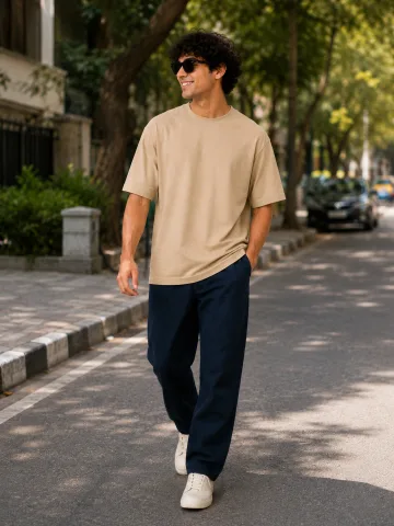 Plain Oversized T Shirt for Men Baggy Cotton Gym Tee Loose Fit - BEIGE