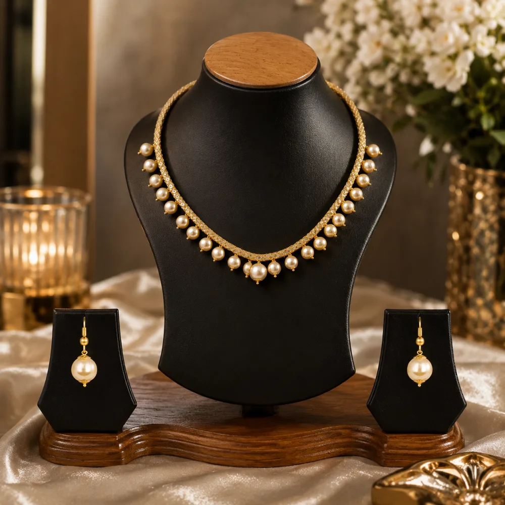 American Diamond Filled Chain and Pearls Necklace Set White