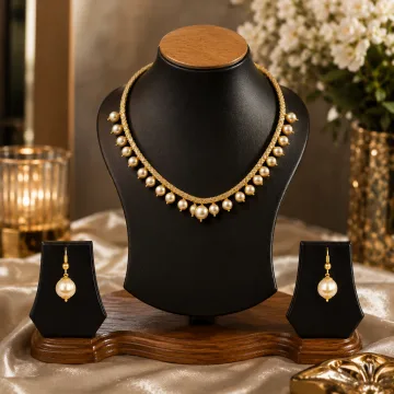 American Diamond Filled Chain and Pearls Necklace Set White