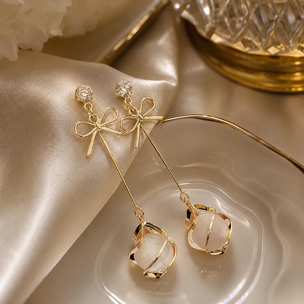 Derben Clove Silver Needle Korean Bow Opal Stone Earrings for Girls