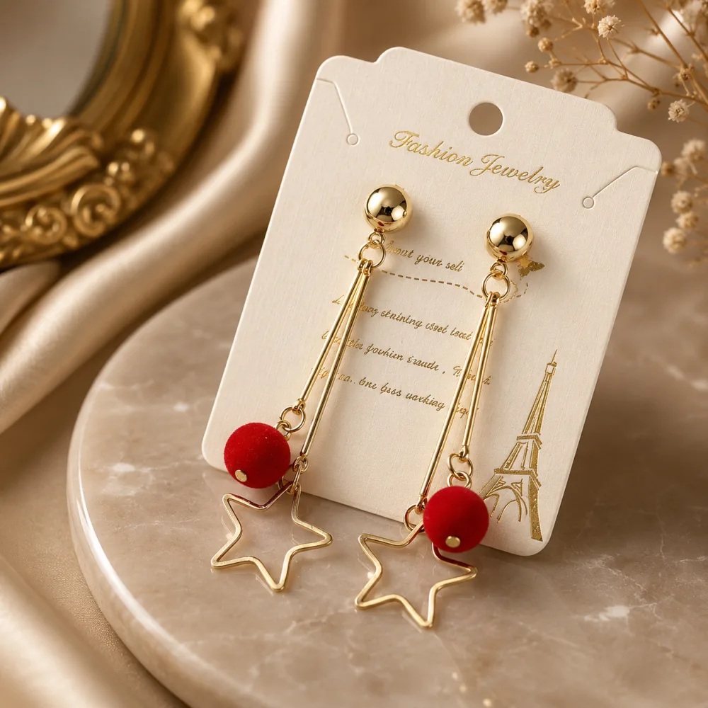 Exclusive Star Tassel and Red Ball Hanging Earring Golden Red For Girl