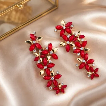 Beautiful Italian Long Red Golden Crystal Stone Zircons Flower Earring