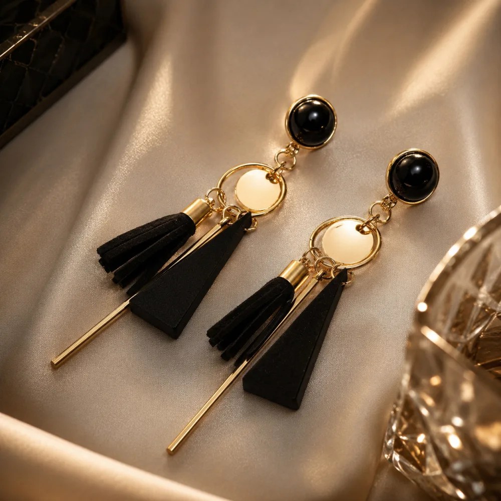 Derben Clove Black Tassel Geometric Drop Earrings for Women