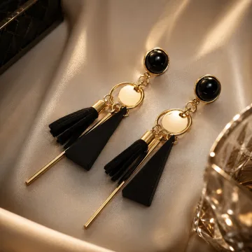 Derben Clove Black Tassel Geometric Drop Earrings for Women