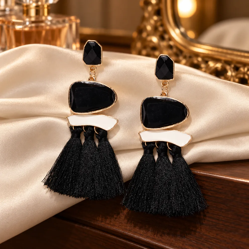 Exclusive 18k Fusion Collection Copper Agate Tassel Earrings Black