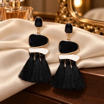 Exclusive 18k Fusion Collection Copper Agate Tassel Earrings Black