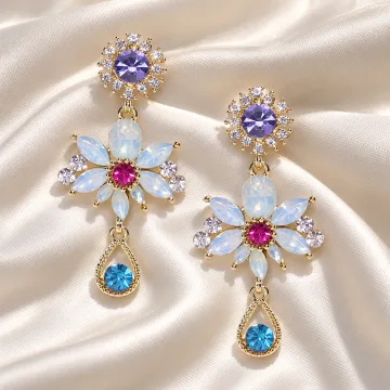 Beautiful Korean Crystal Shiny Glossy Flower Drop Earrings Multicolour