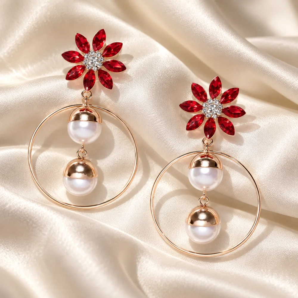Beautiful Floral Pattern Hoop Earrings with White Pearl Hangings Red
