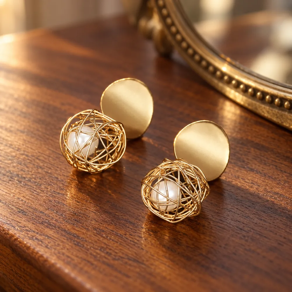 Beautiful Golden Brass and Pearl net ball Drop Earring For Girls