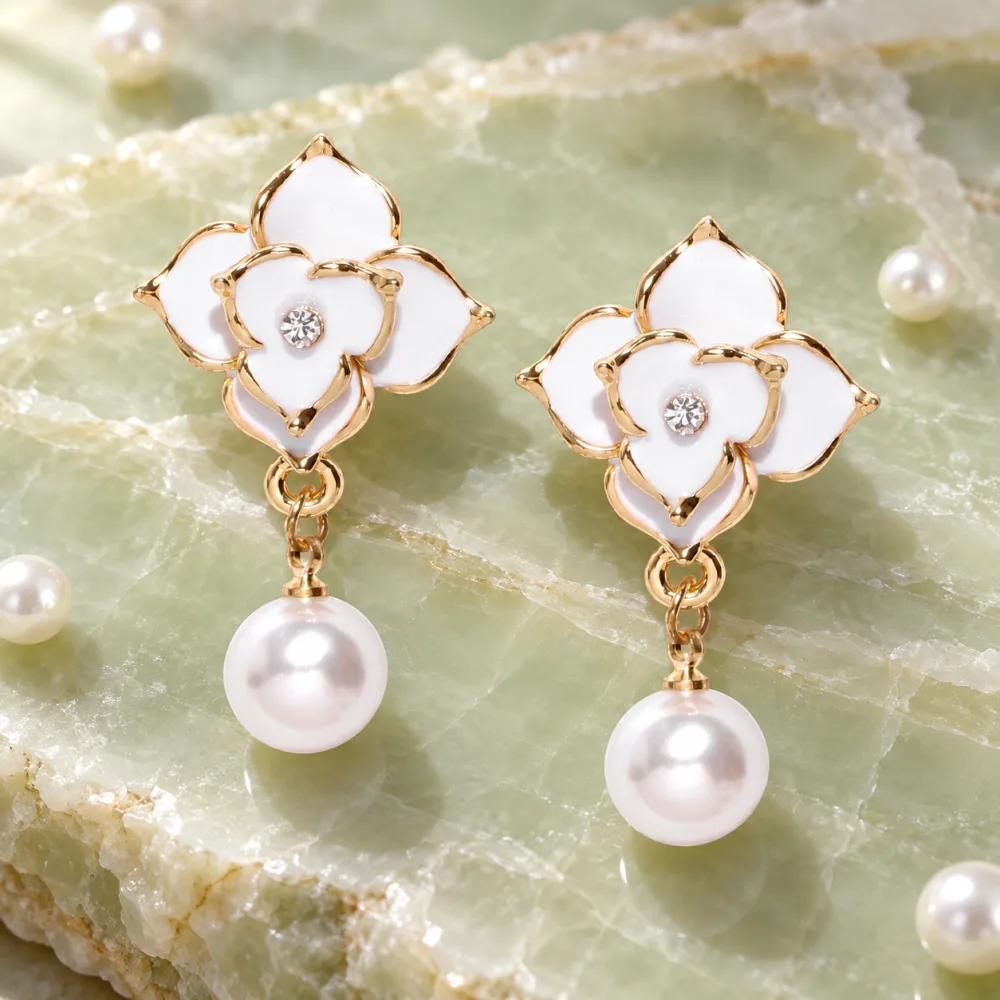 Scintillating Korean Floral Earring with Pearl Hanging for Girls White