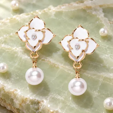 Scintillating Korean Floral Earring with Pearl Hanging for Girls White