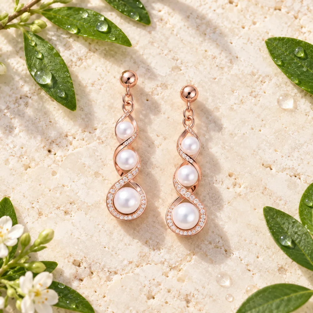 Beautiful Pompous Design Pearls Stud Exclusive Earrings Rose Gold