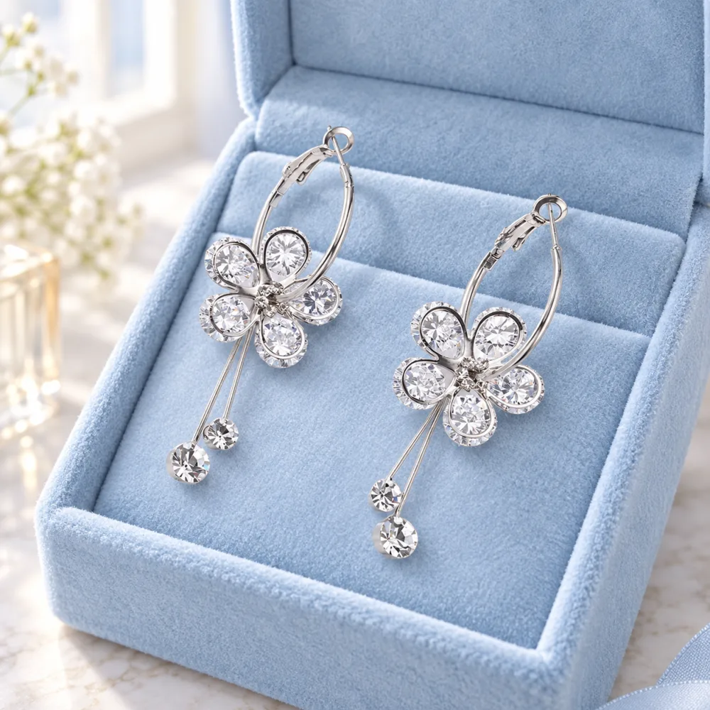 Shining Crystal Korean Sparkling Flower Hoop Earrings for Girls White
