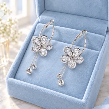 Shining Crystal Korean Sparkling Flower Hoop Earrings for Girls White