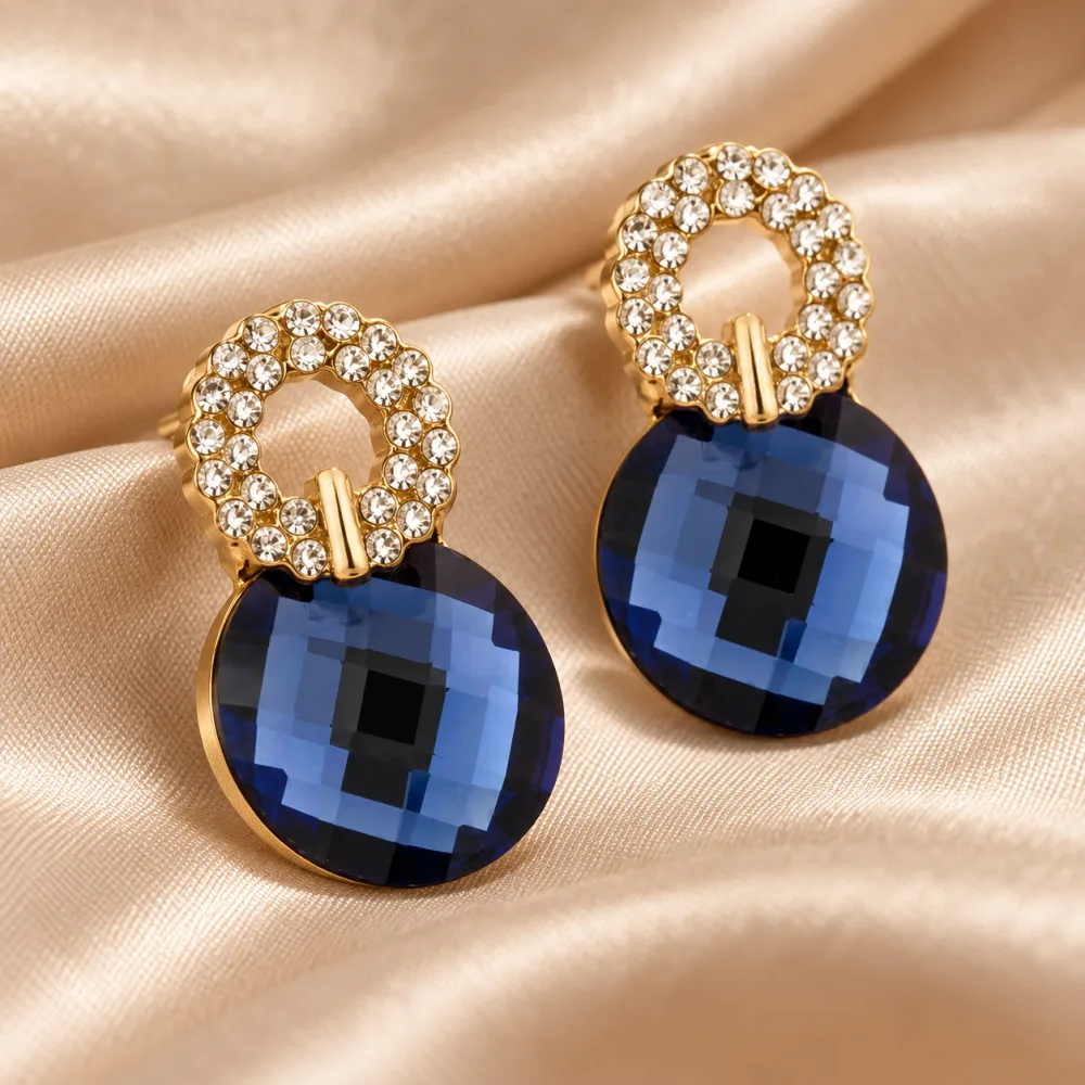 Gold-Tone Crystal Halo Navy Blue Drop Earrings for Women & Girls