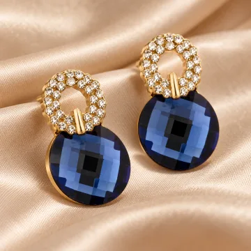 Gold-Tone Crystal Halo Navy Blue Drop Earrings for Women & Girls