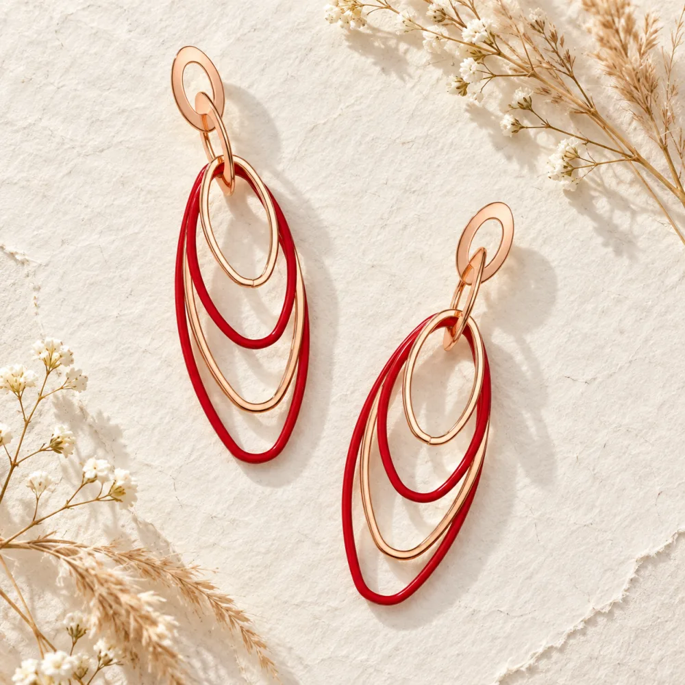 Shiny Korean Gold and Red Oval Hoops Hanging Earrings Red Golden