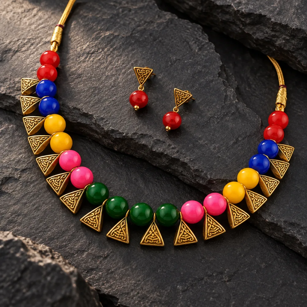 Beautiful Beaded Exclusive Brass Necklace Set for Women Multicolor