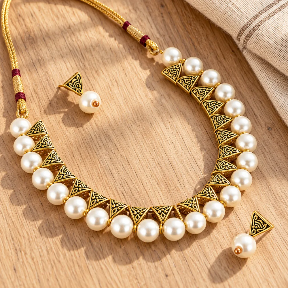 Beautiful Beaded Brass Artificial Necklace set White