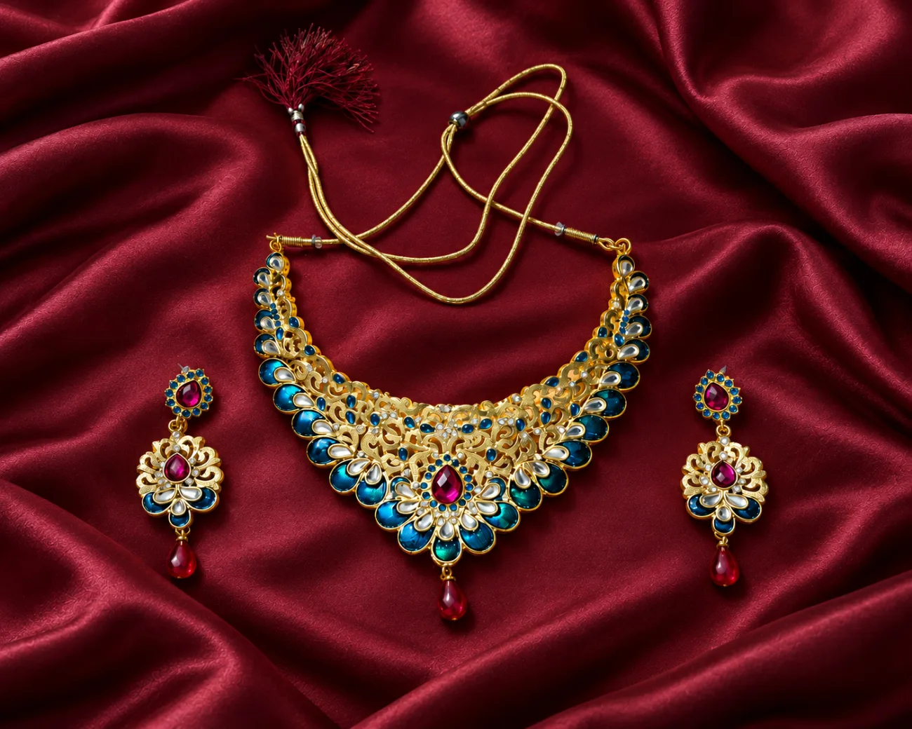 Derben Clove Gold-Toned Teal Blue & Pink Stone Necklace and Earring Set for Women