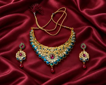 Derben Clove Gold-Toned Teal Blue & Pink Stone Necklace and Earring Set for Women