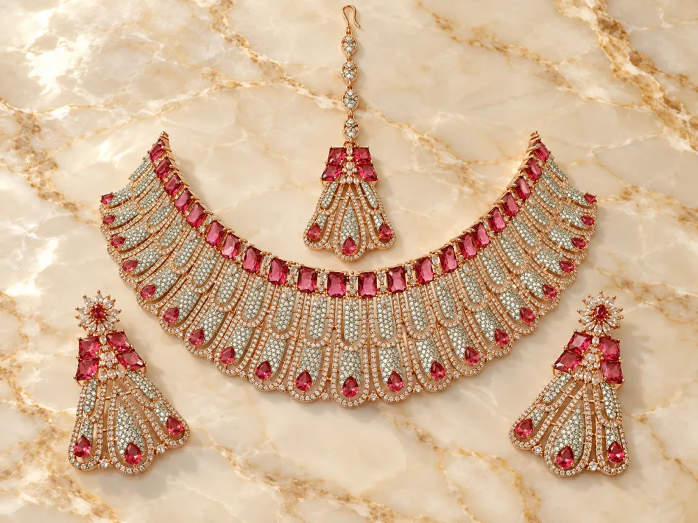 Rose Gold Tone Bridal Necklace Set with Earrings & Maang Tikka
