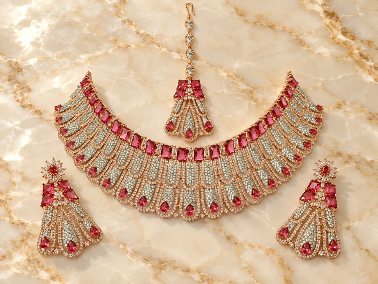 Rose Gold Tone Bridal Necklace Set with Earrings & Maang Tikka