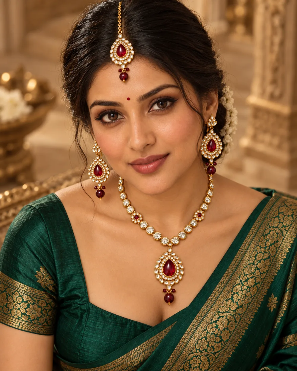 Gold-Tone Ruby Red Kundan Bridal Necklace Set with Maang Tikka for Women