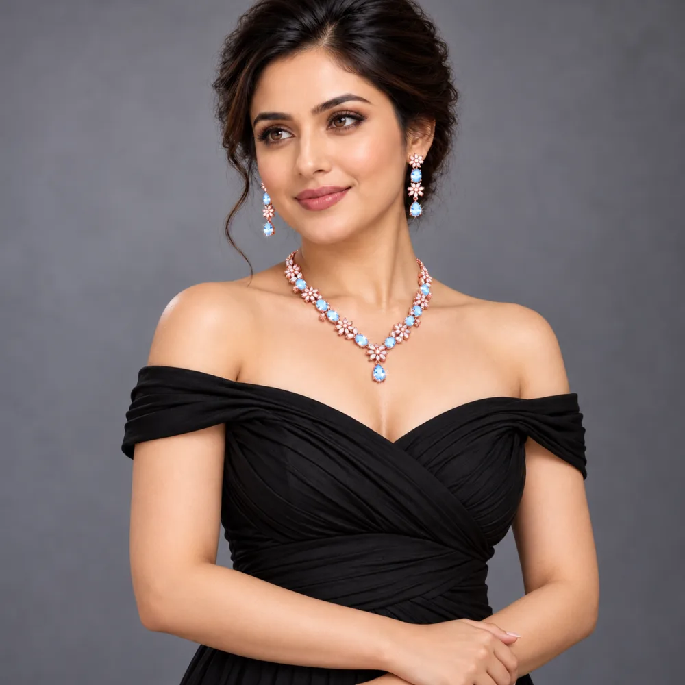 Derben Clove Rose Gold Blue Floral Necklace & Earrings Set